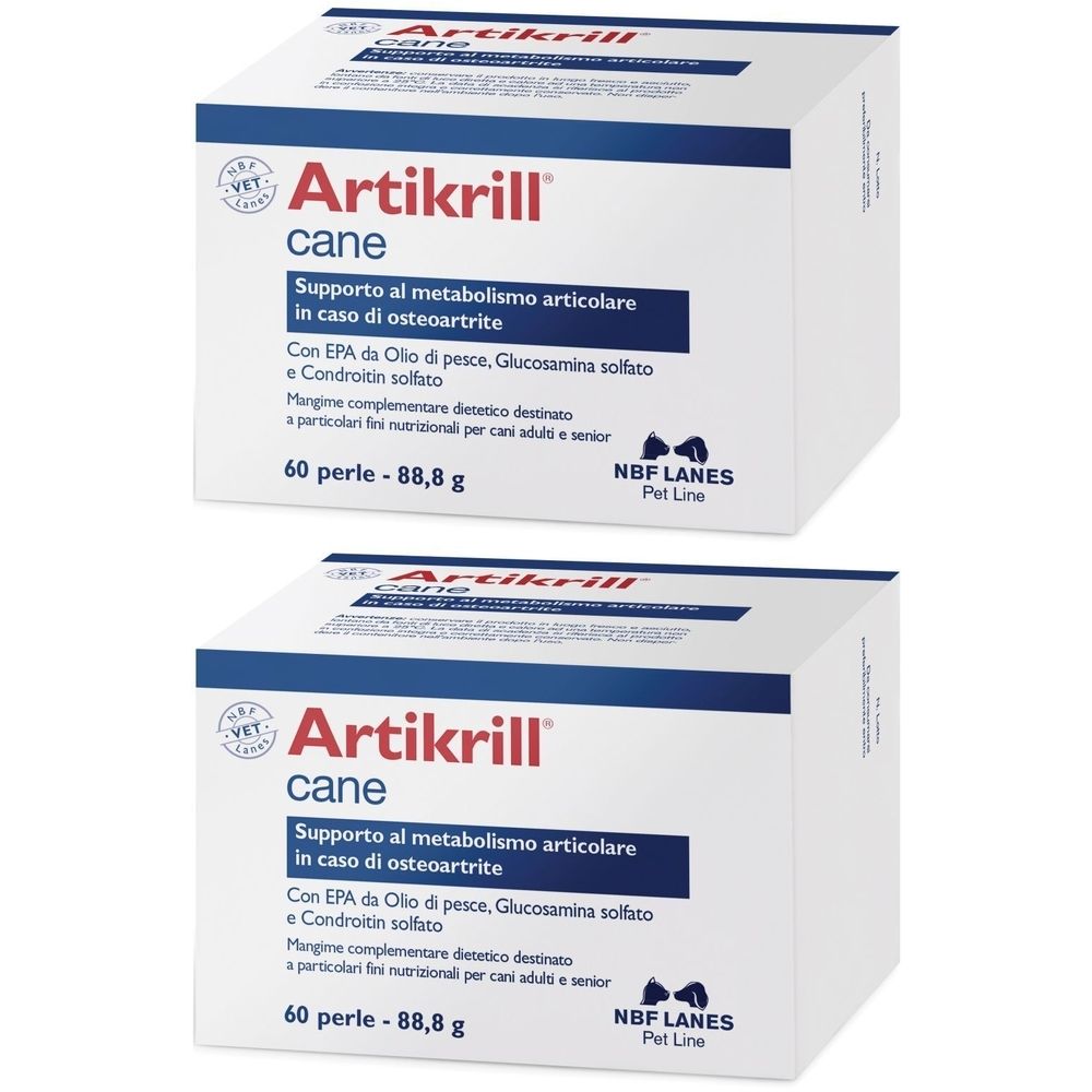 Deux boîtes blanches avec impression. Texte: Artikrill cane, 60 perles, 88,8 g. Contient EPA, huile de poisson, glucosamine et chondroïtine.