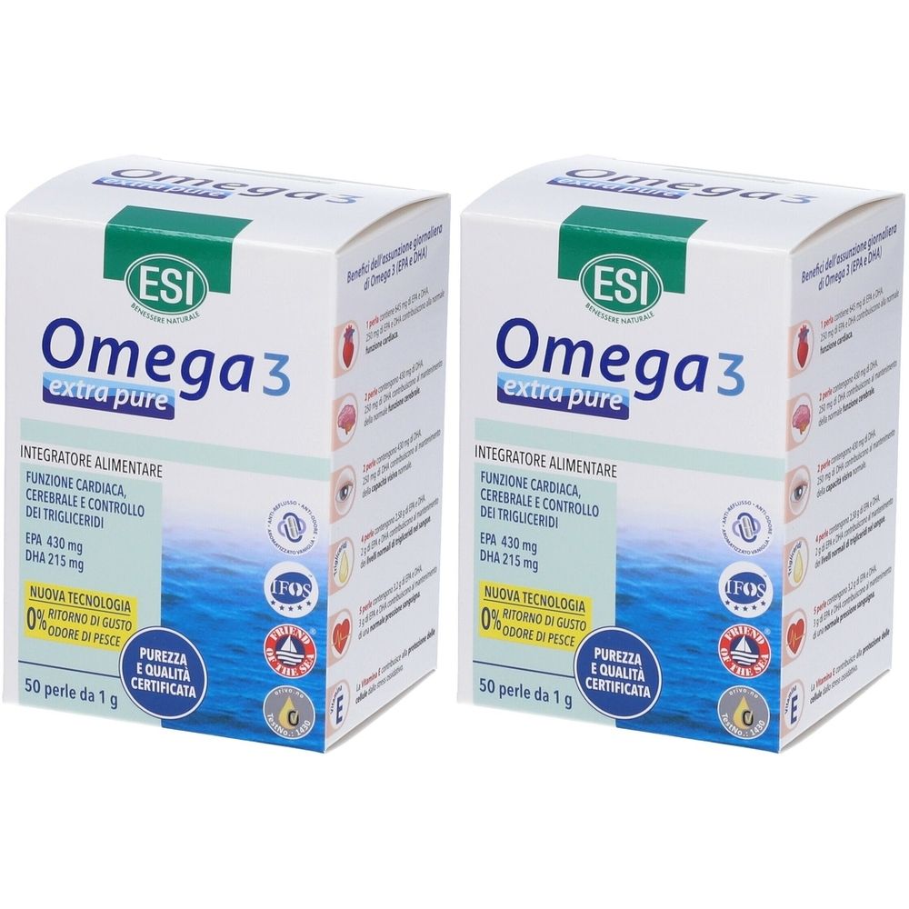 Deux boîtes blanches ESI Omega 3 extra pure. Inscription « Integratore Alimentare » et « 50 perle da 1 g » sur chaque boîte.