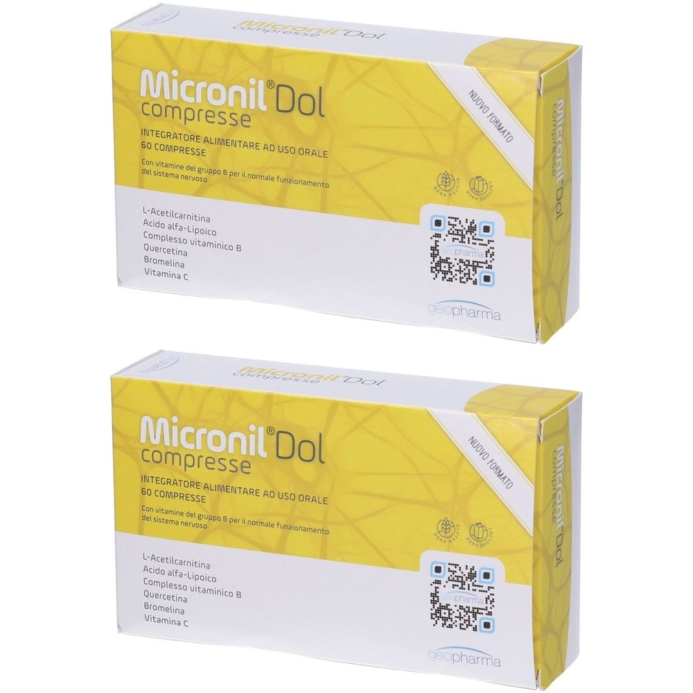 Zwei Schachteln mit "Micronil Dol compresse". Gelbe Verpackung mit Produktinformationen und QR-Code.