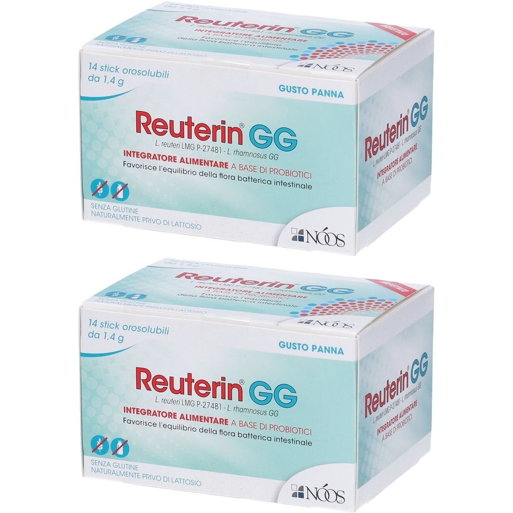 Deux boîtes de Reuterin GG. Inscription : 14 sticks orosolubili. Texte en italien. Marque : NOOS.