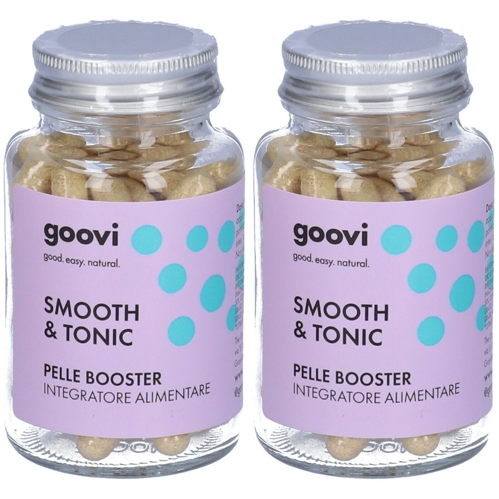 Zwei Glasflaschen mit Kapseln. Aufschrift: Goovi, Smooth & Tonic, Pelle Booster, Integratore Alimentare. Lila Etikett mit blauen Punkten.