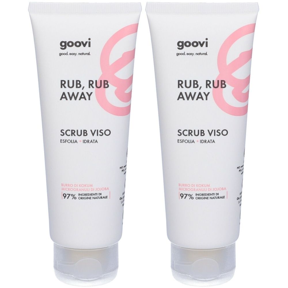 Zwei Tuben Goovi Rub, Rub Away Scrub Viso. Weiße Tuben mit rosa Logo und Schriftzug. Enthält 97% Inhaltsstoffe natürlichen Ursprungs.