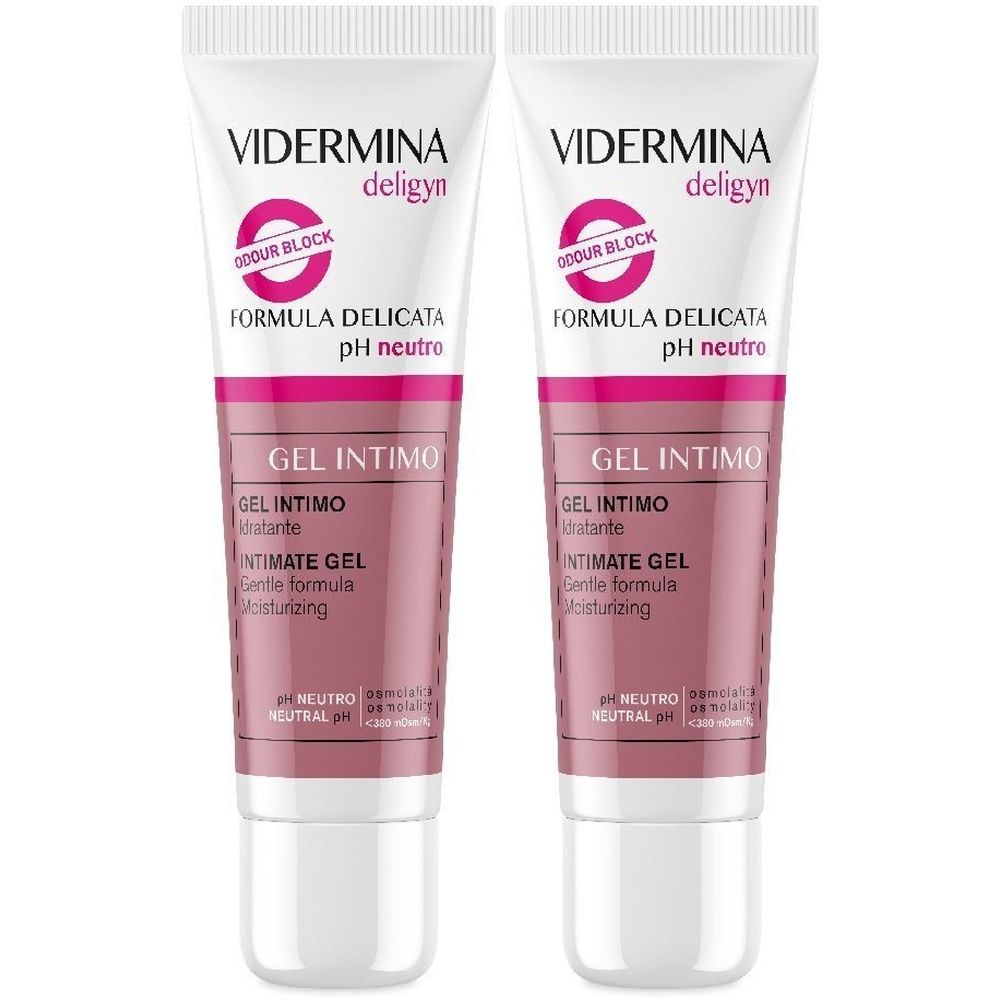 Deux tubes de gel intime. Blanc, avec des accents roses et bruns. Inscription : Vidermina Deligyn, Gel Intimo, pH neutro.