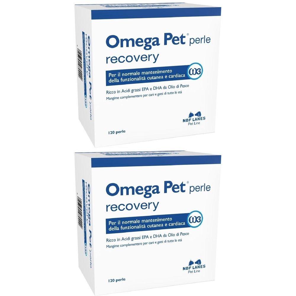 Zwei Packungen Omega Pet Perle Recovery. Weiße Schachteln mit blauem Text. Enthält 120 Perlen. Marke NBF Lanes.