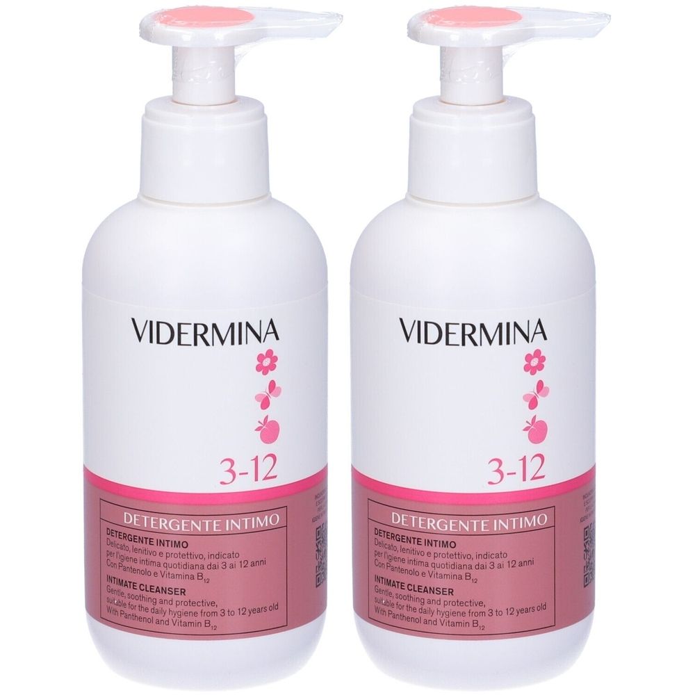 Deux flacons blancs avec étiquettes roses et pompes. L'étiquette indique "VIDERMINA 3-12 DETERGENTE INTIMO".
