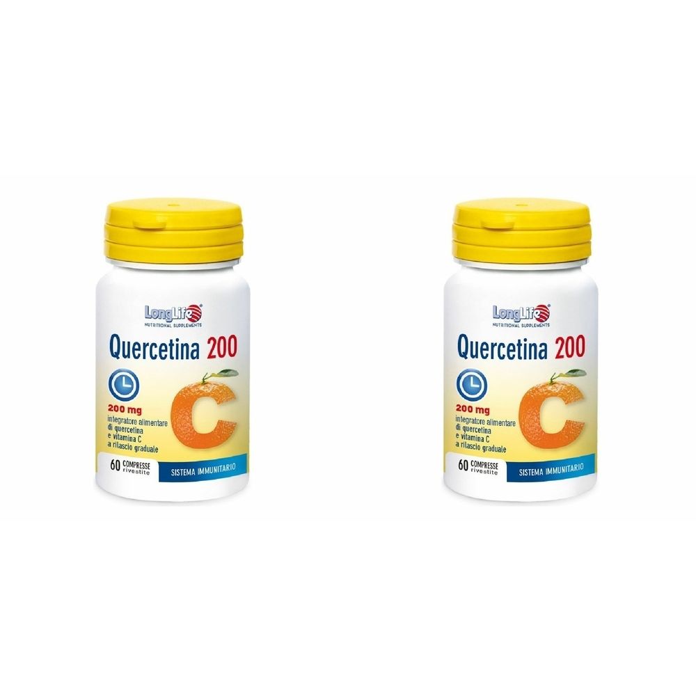 Zwei weiße Flaschen mit gelben Deckeln. Aufschrift: Quercetina 200. Orangefarbene Illustration. 60 Tabletten.