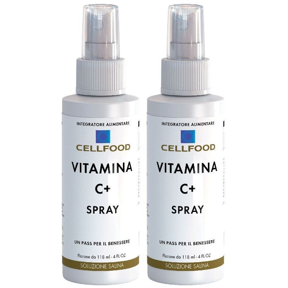 Zwei weiße Sprühflaschen mit CELLFOOD Vitamina C+ Spray-Etiketten. Aufschrift: INTEGRATORE ALIMENTARE. Flaschen mit Sprühkopf.