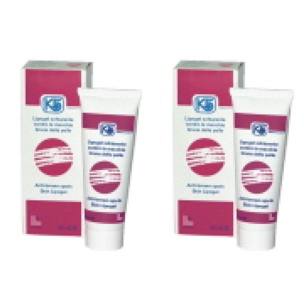 Zwei Sets K5 Lipogel. Jedes Set besteht aus einer Tube und einer Schachtel. Die Verpackung ist weiß und pink mit Text.