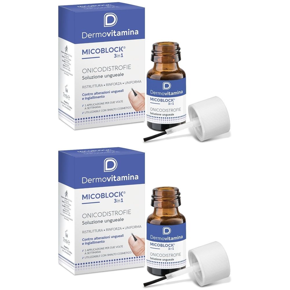 Deux boîtes et flacons. Boîtes bleues avec texte blanc. Flacons bruns avec pinceau. Nom du produit: Dermovitamina Micoblock.