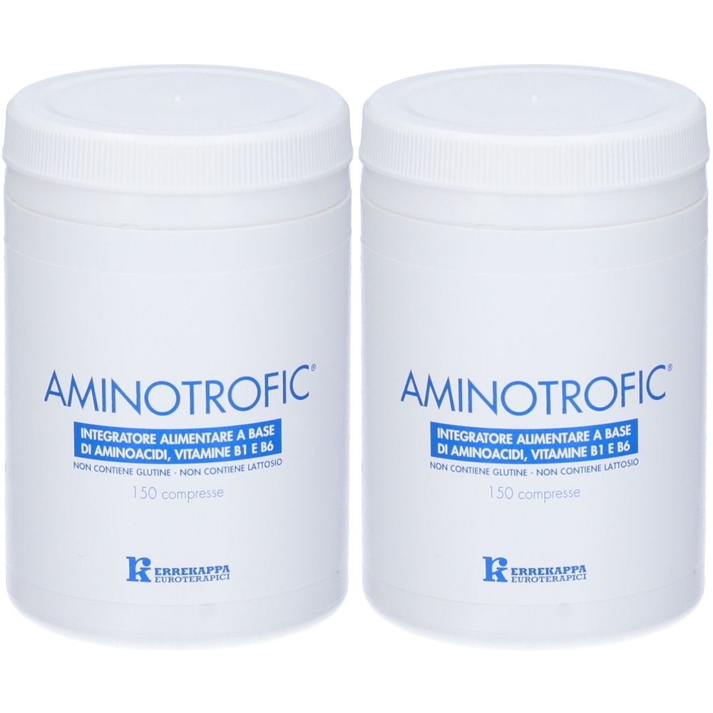 Zwei weiße Behälter mit dem Aufdruck AMINOTROFIC. Text: Integratore Alimentare, 150 compresse. Marke: Errekappa Euroterapici.
