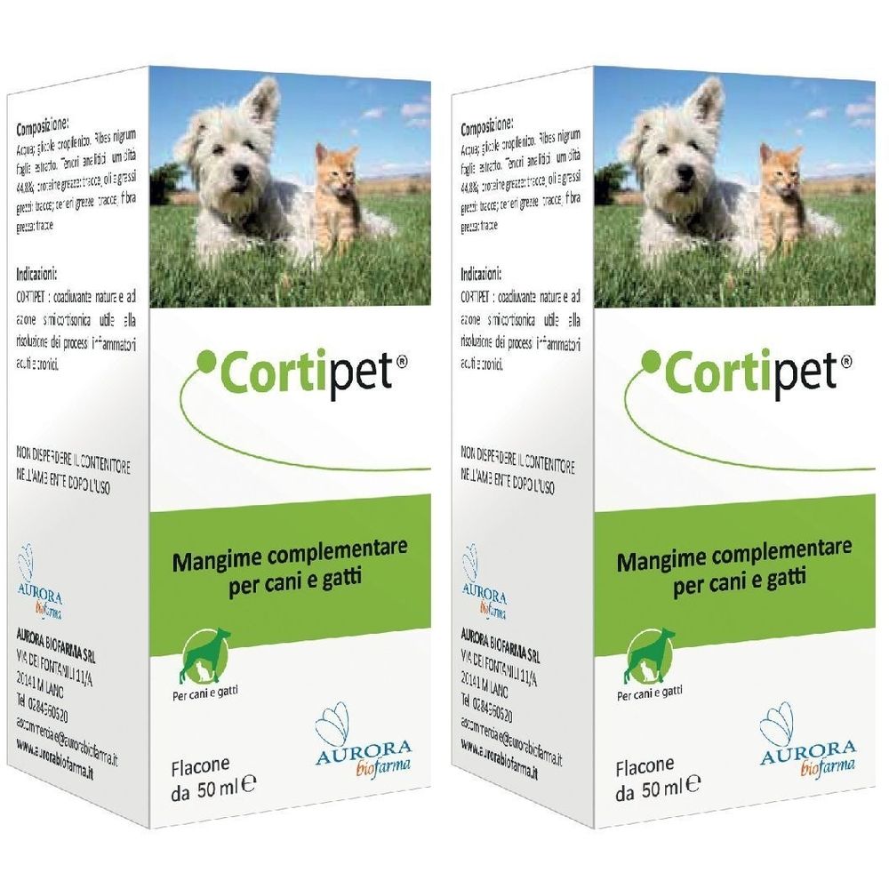 Zwei Kartons mit Cortipet. Aufdruck: Cortipet, Mangime complementare per cani e gatti, Flacone da 50 ml. Bild von Hund und Katze.