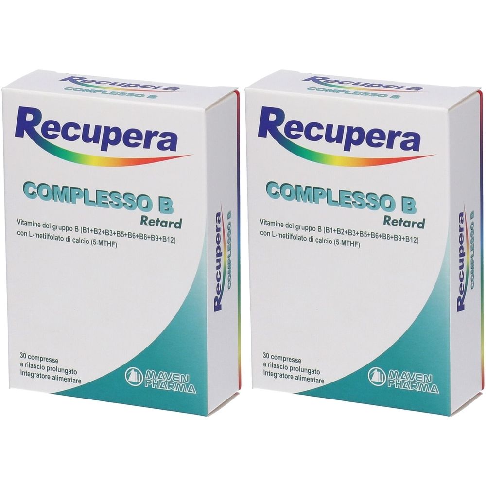 Deux boîtes blanches "Recupera COMPLESSO B Retard". Contient 30 comprimés. Marque et nom du produit clairement visibles.