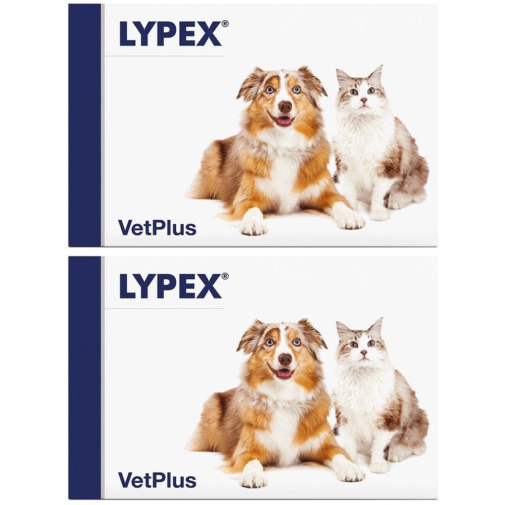 Zwei Packungen Lypex. Auf jeder Packung ein Hund und eine Katze. Oben steht Lypex, darunter VetPlus.
