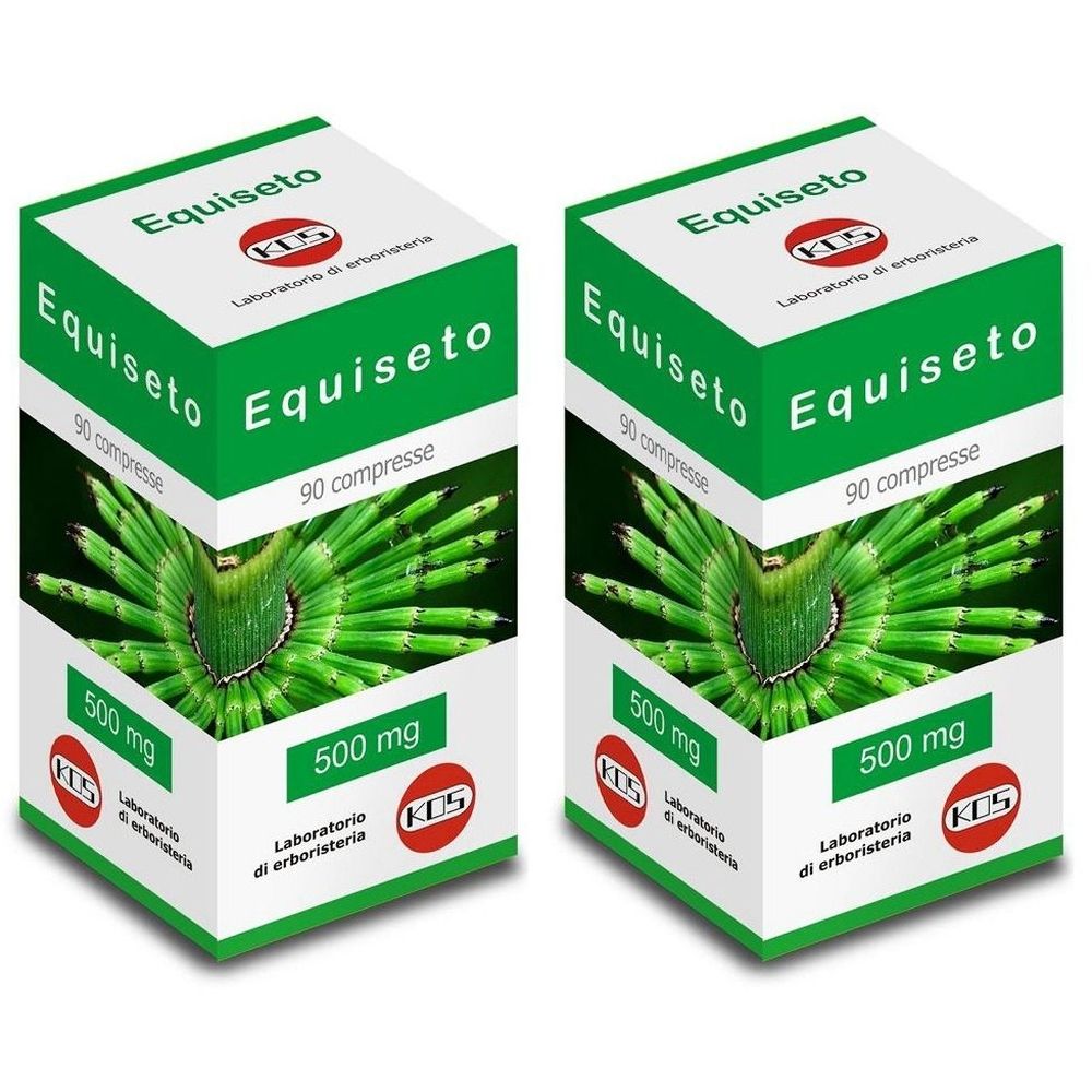 Deux boîtes vertes avec l'inscription "Equiseto", 90 compresse, 500 mg et le logo KOS. Image d'herbes.