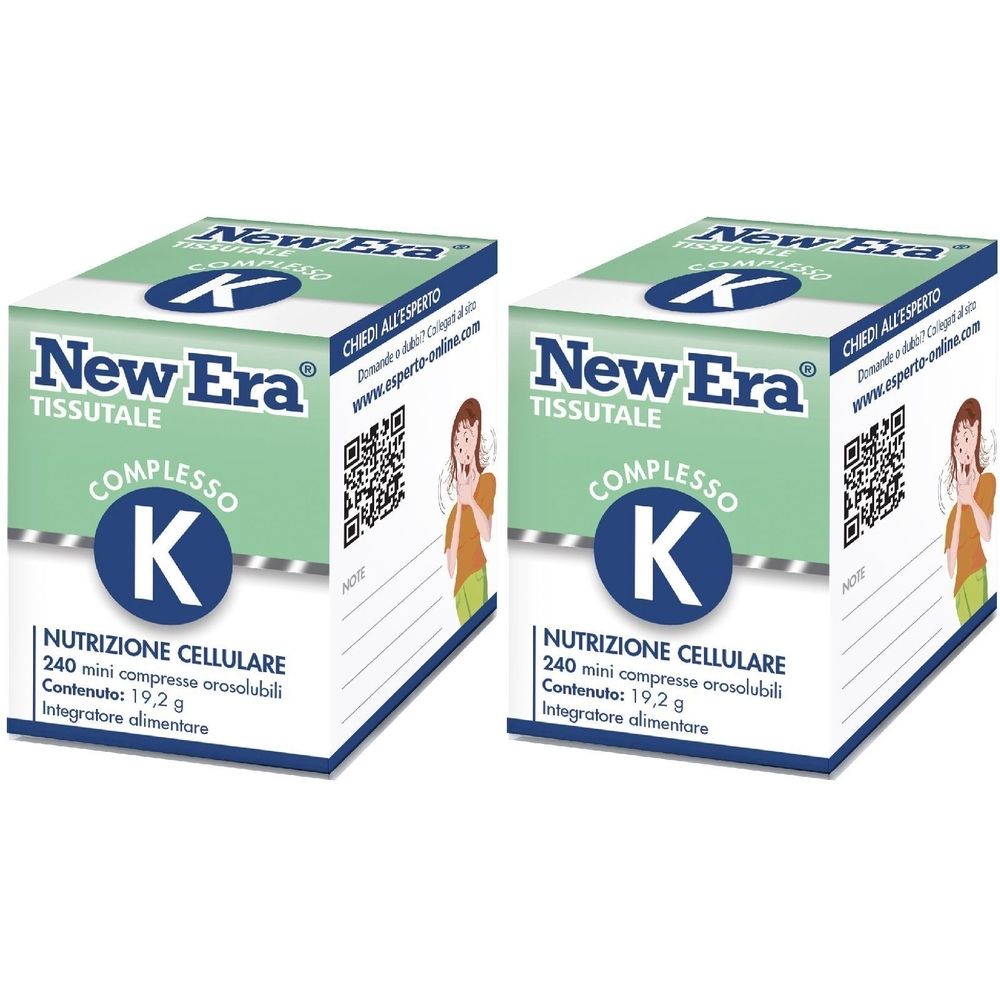 Zwei Schachteln mit "New Era Complexe K"-Nahrungsergänzungsmittel. Aufschrift: "Nutrizione Cellulare". Blaue Kapsel-Symbol.