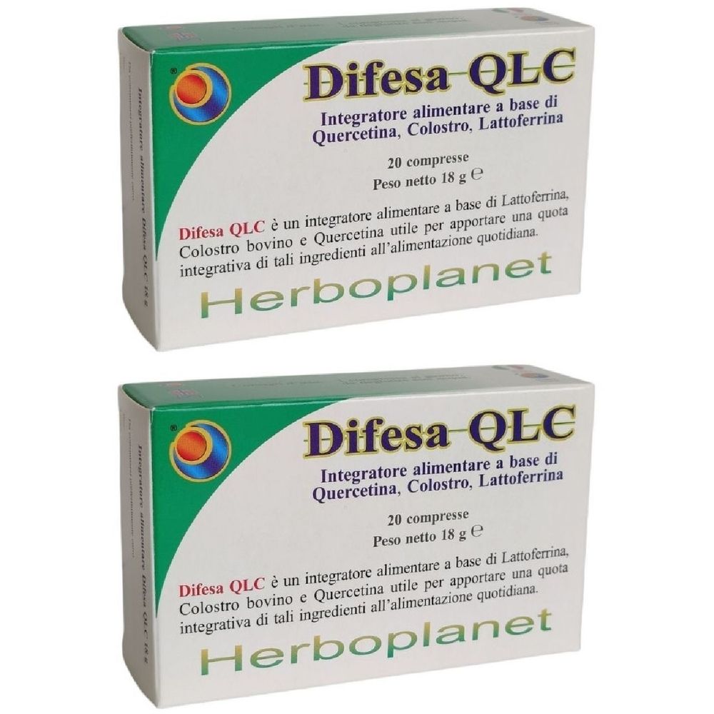 Zwei Schachteln mit der Aufschrift "Difesa QLC". Aufschrift: 20 Tabletten, 18 g. Marke: Herboplanet. Grün-weiße Verpackung.