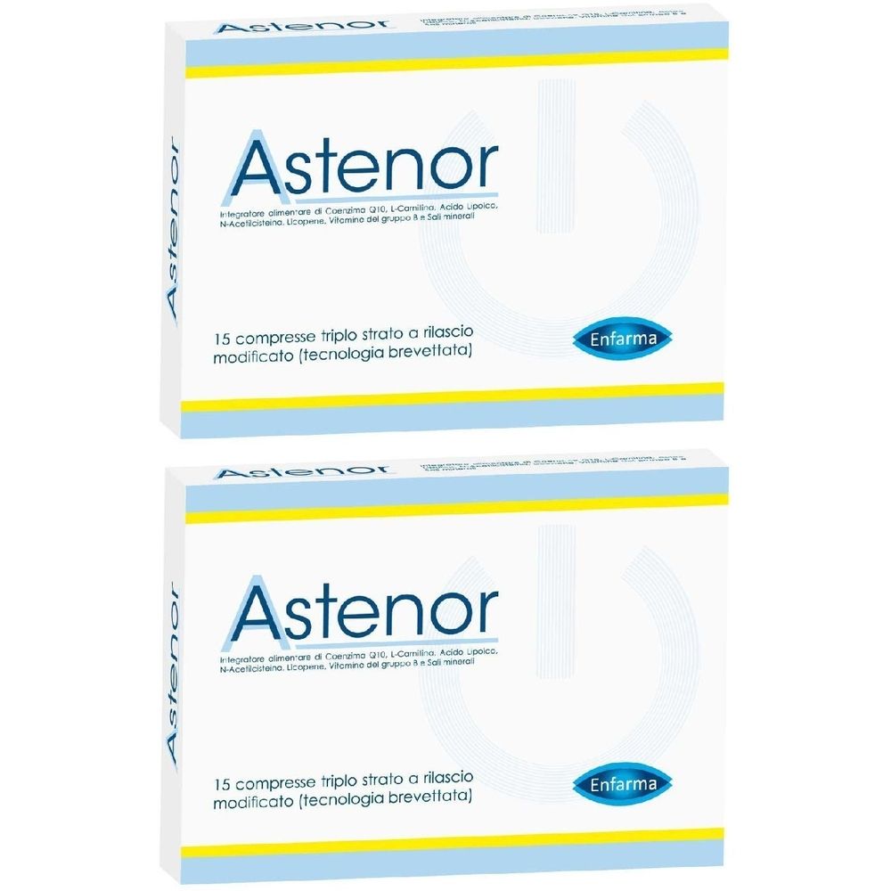 Deux boîtes de Astenor. Chaque boîte indique "15 compresse triplo strato a rilascio modificato". Le logo Enfarma est visible.