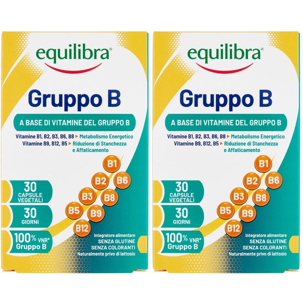Deux boîtes de Gruppo B d'Equilibra. Inscription : A base di vitamine del gruppo B. Contient 30 gélules végétales.