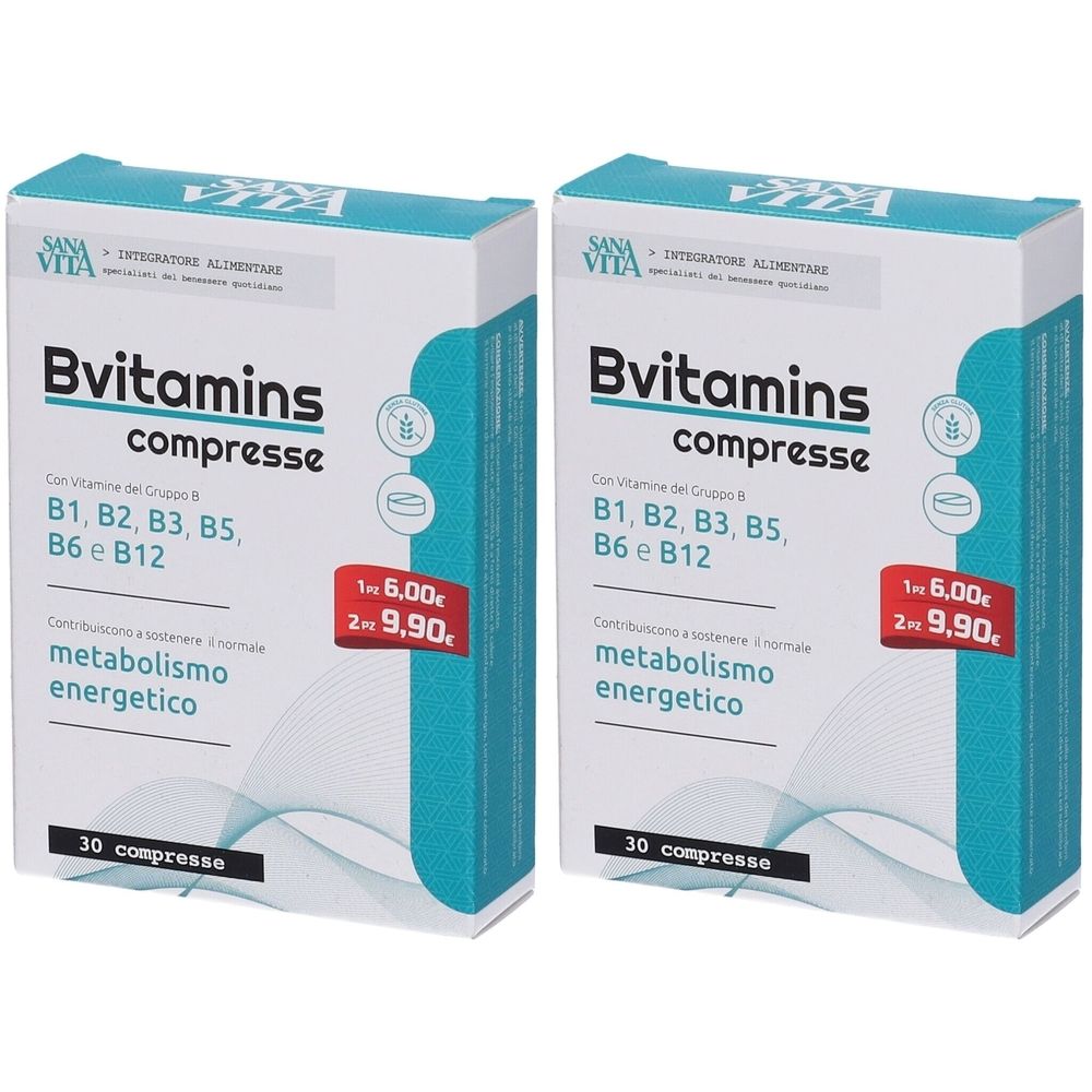 Deux boîtes de B-vitamines. Inscription : Bvitamins compresse, B1, B2, B3, B5, B6 e B12. Indications de prix.