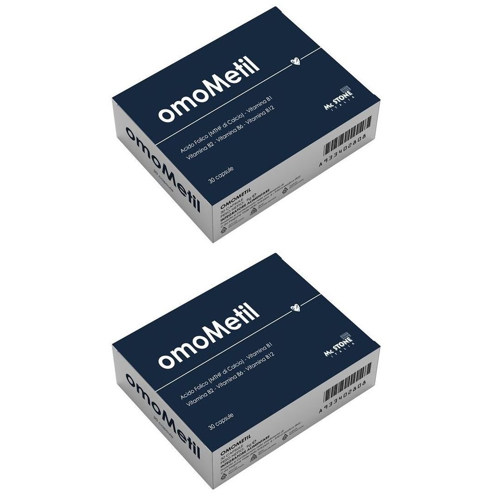 Zwei Schachteln mit der Aufschrift "omoMetil". Blaue Vorderseite mit weißer Schrift. Marke: Mc Stone.