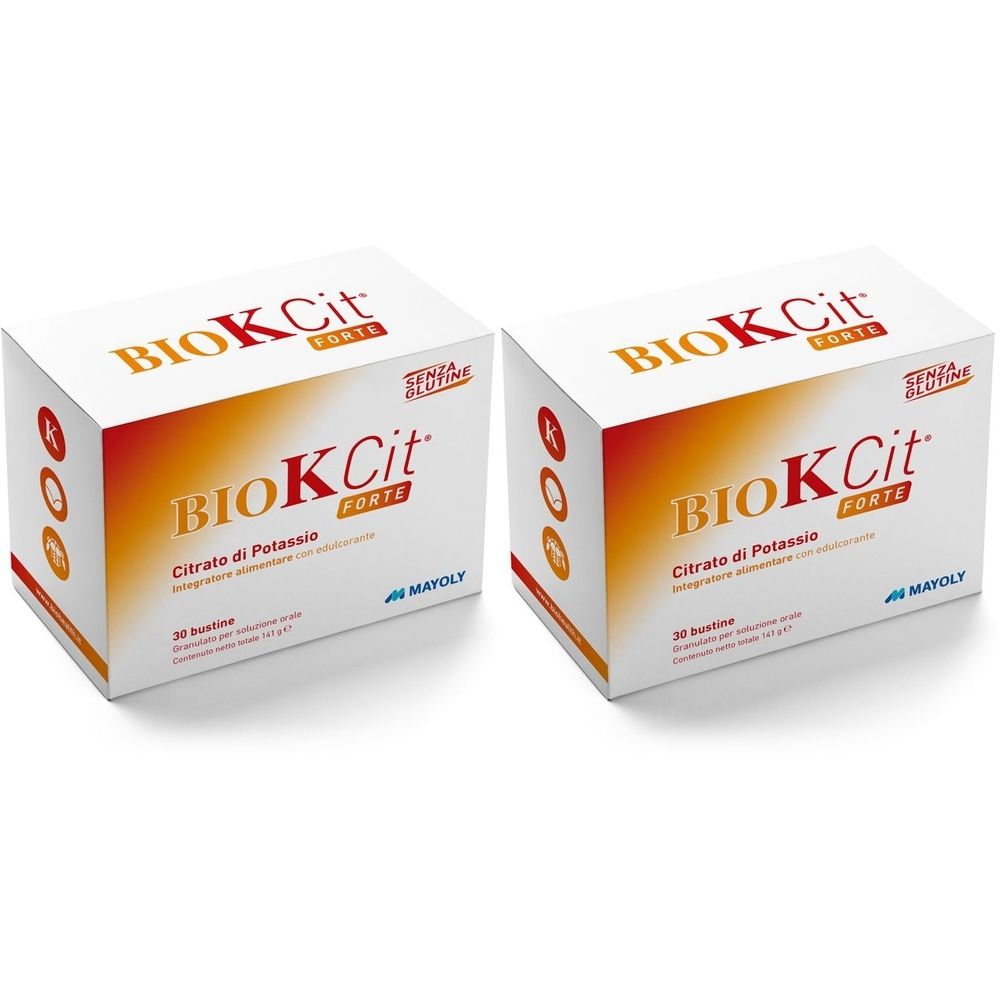 Zwei weiße Kartons mit orangefarbenem Aufdruck. Aufschrift: BIOKCit Forte, Citrato di Potassio, Senza Glutine. Marke: MAYOLY.