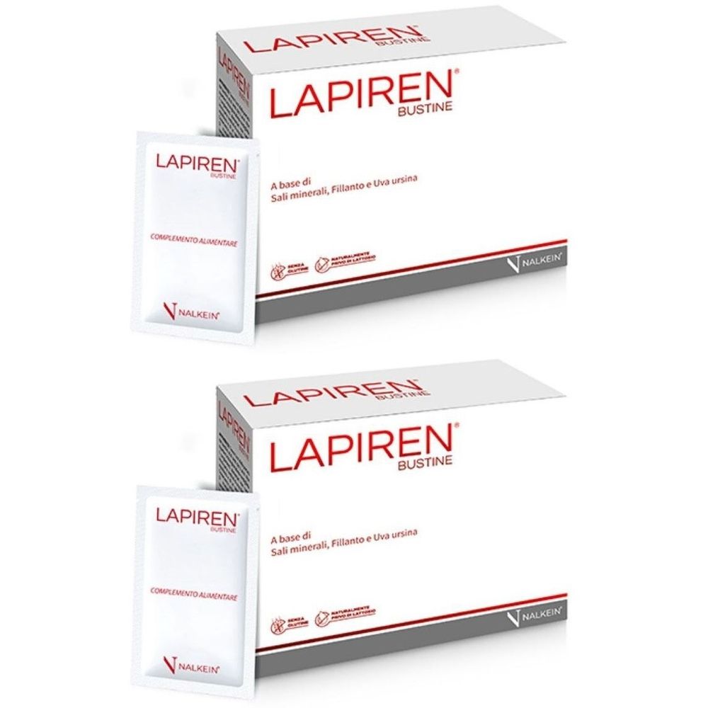 Zwei Packungen und zwei Beutel. Auf den Packungen steht „Lapiren Bustine“. Auf den Beuteln steht „Lapiren“ und „Complemento Alimentare“.