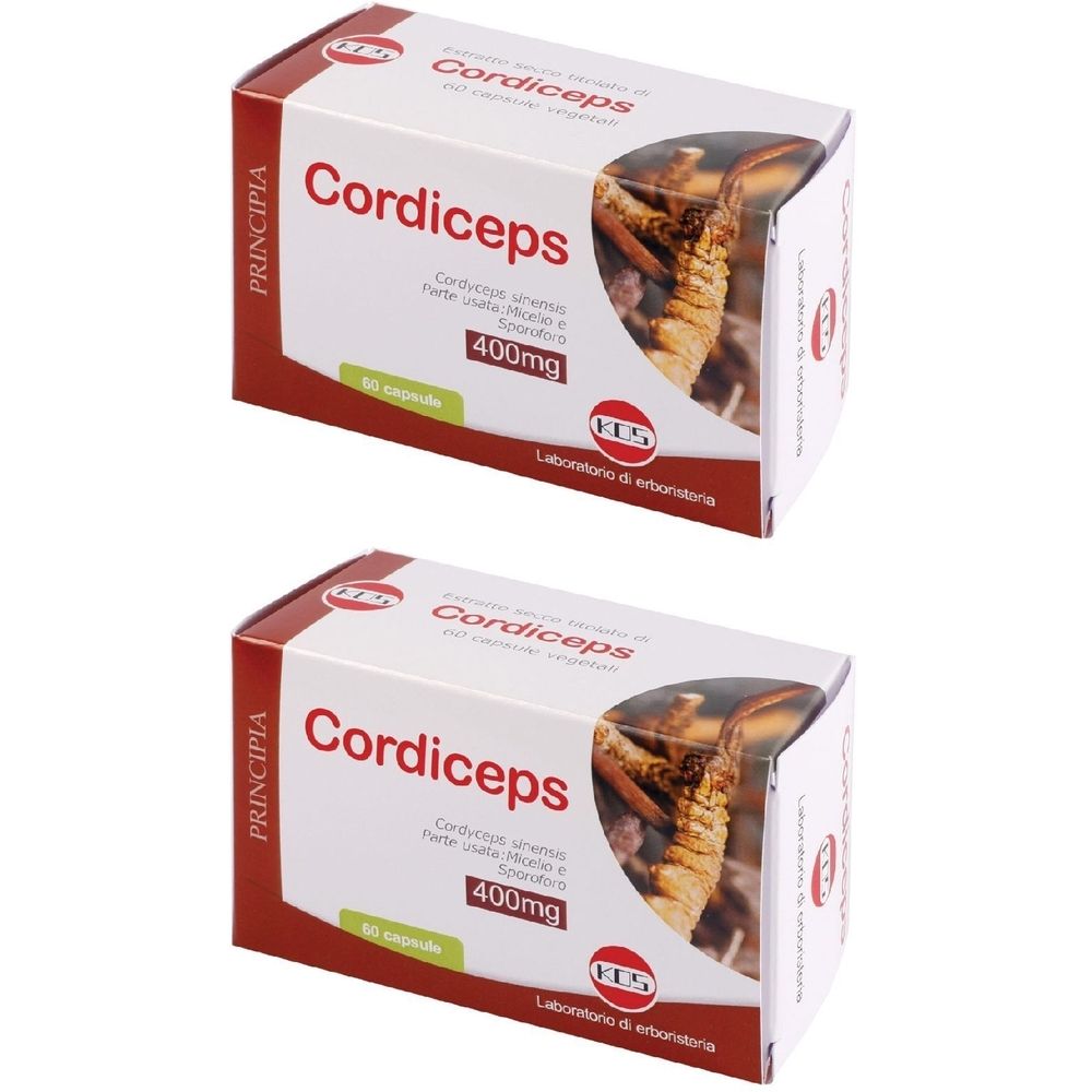 Deux boîtes de gélules Cordyceps. Inscription Cordyceps, 400mg. Marque KOS. Emballage rouge et blanc.