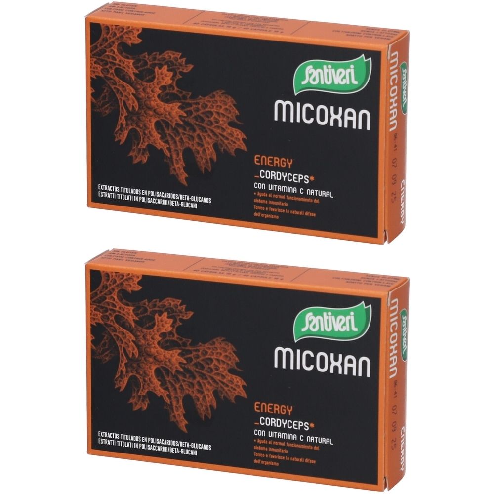 Deux boîtes orange. Inscription : Santiveri, Micoxan, Energy Cordyceps avec vitamine C naturelle. Fond noir avec motif orange.