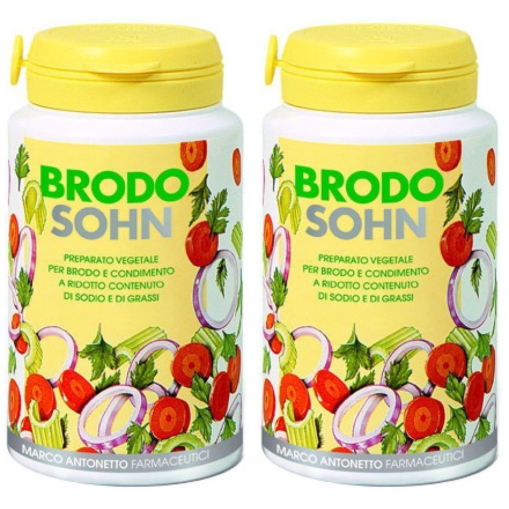 Zwei weiße Behälter mit gelben Deckeln. Aufschrift: BRODO SOHN. Text: PREPARATO VEGETALE. Abbildung von Gemüse. MARCO ANTONETTO FARMACEUTICI.