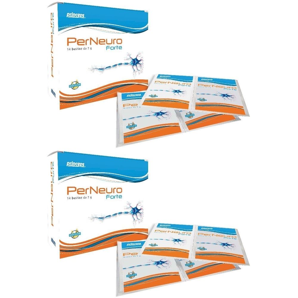 Verpackung und Beutel mit Produktaufdruck. Blaue und orangefarbene Elemente. Schriftzug PerNeuro Forte. 14 Beutel.