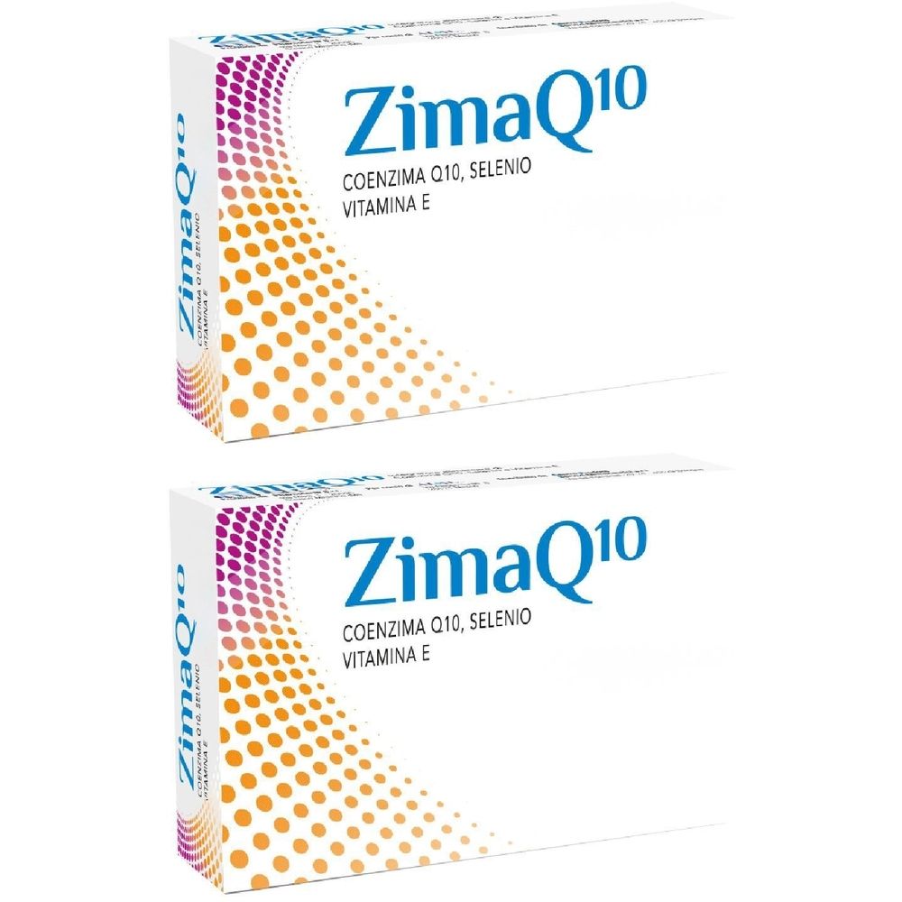 Deux boîtes ZimaQ10. Sur chaque boîte : Coenzima Q10, Selenio, Vitamina E.