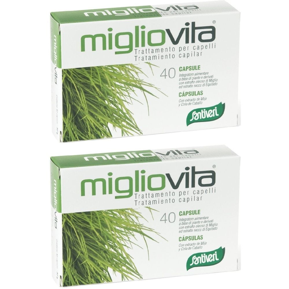 Deux boîtes de Migliovita. Inscription: 40 capsules. Emballage vert et blanc avec nom du produit et logo Santiveri.