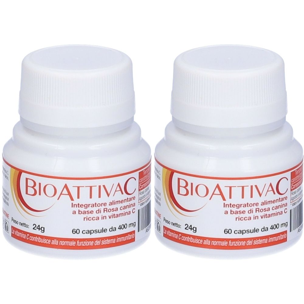 Zwei weiße Flaschen mit Schraubverschluss. Aufschrift: BioAttivaC, Nahrungsergänzungsmittel mit Vitamin C. Jede Flasche enthält 60 Kapseln.
