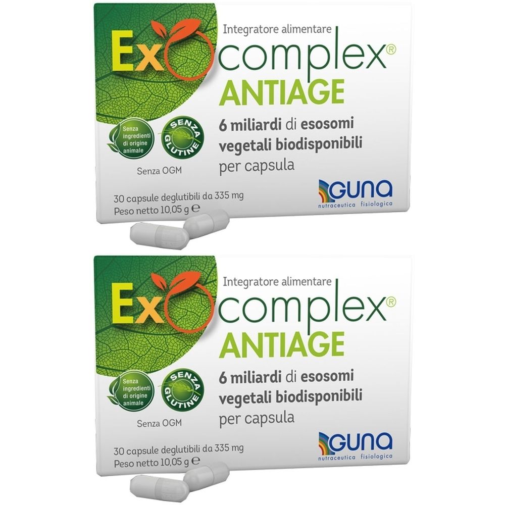 Verpackung von Exocomplex Antiage Kapseln. Weißer Karton mit Produktnamen und Logo. Enthält 30 Kapseln. Glutenfrei.