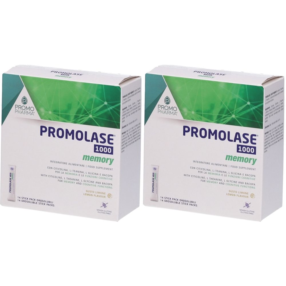 Zwei weiße Kartons mit grünem Deckel. Aufschrift: PRO MOLASE 1000 memory. 14 Stick Packungen. Zitronengeschmack.