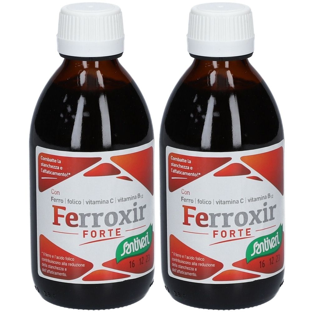 Zwei braune Glasflaschen mit weißem Deckel. Etikett mit Produktnamen Ferroxir Forte und Santiveri-Logo. Enthält Eisen, Folsäure, Vitamin C, B6.