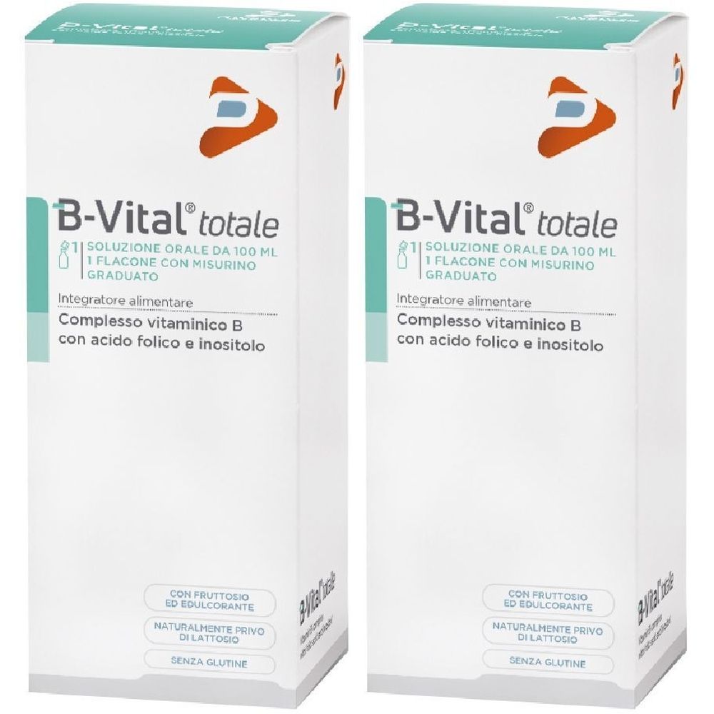 Zwei weiße Kartons mit der Aufschrift "B-Vital totale". Text: "SOLUZIONE ORALE", "Integratore alimentare", "Complesso vitaminico B".