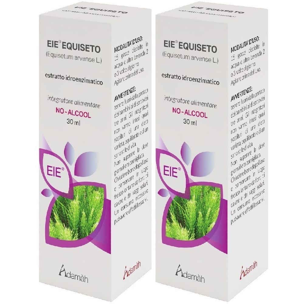 Deux boîtes Adamàh EIE Equiseto. Inscription: EIE Equiseto, 30ml, SANS ALCOOL. Illustration de prêle.