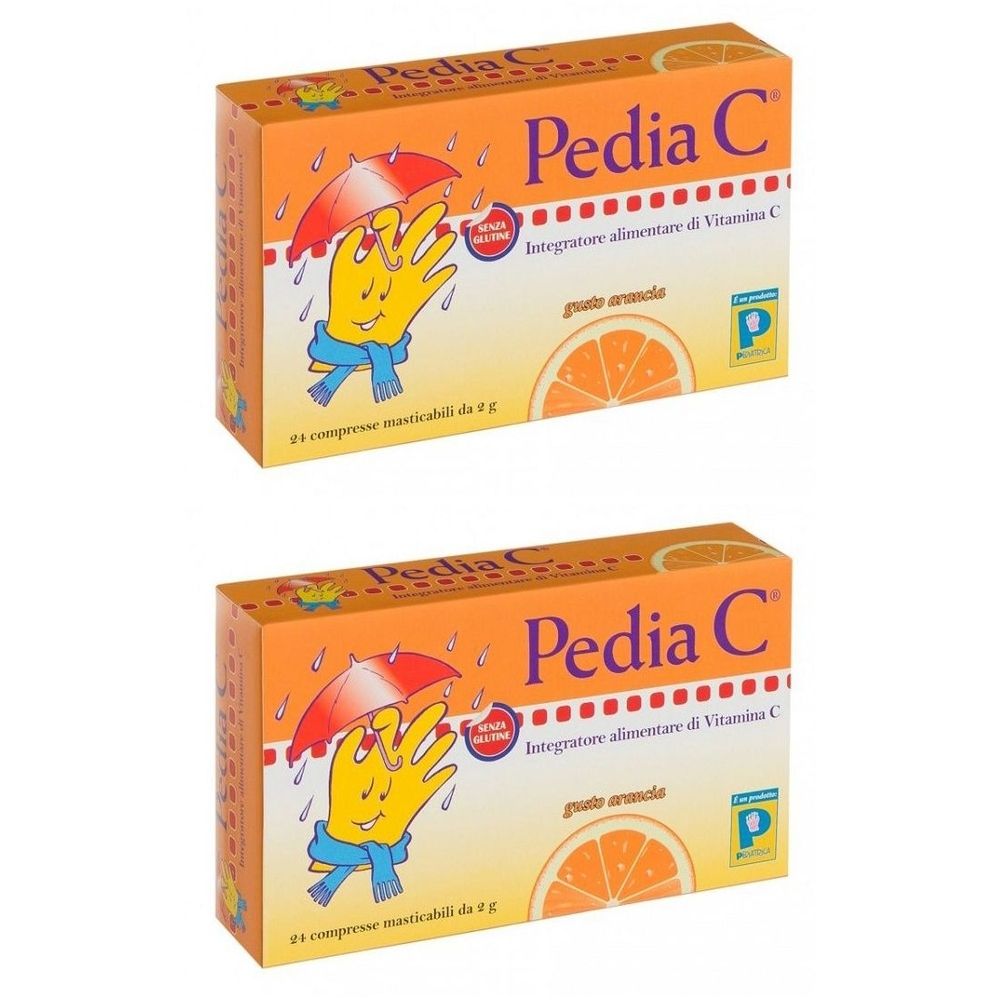 Zwei orangefarbene Schachteln mit Pedia C-Logo. Text: Integratore alimentare di Vitamina C, 24 compresse masticabili.