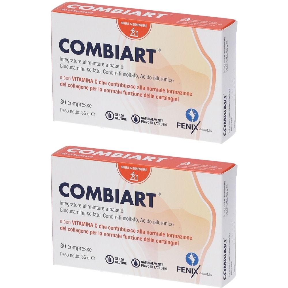 Zwei Schachteln COMBIART. Aufschrift: Nahrungsergänzungsmittel, 30 Tabletten, 36 g. Enthält Glucosamin, Chondroitin, Hyaluronsäure und Vitamin C.