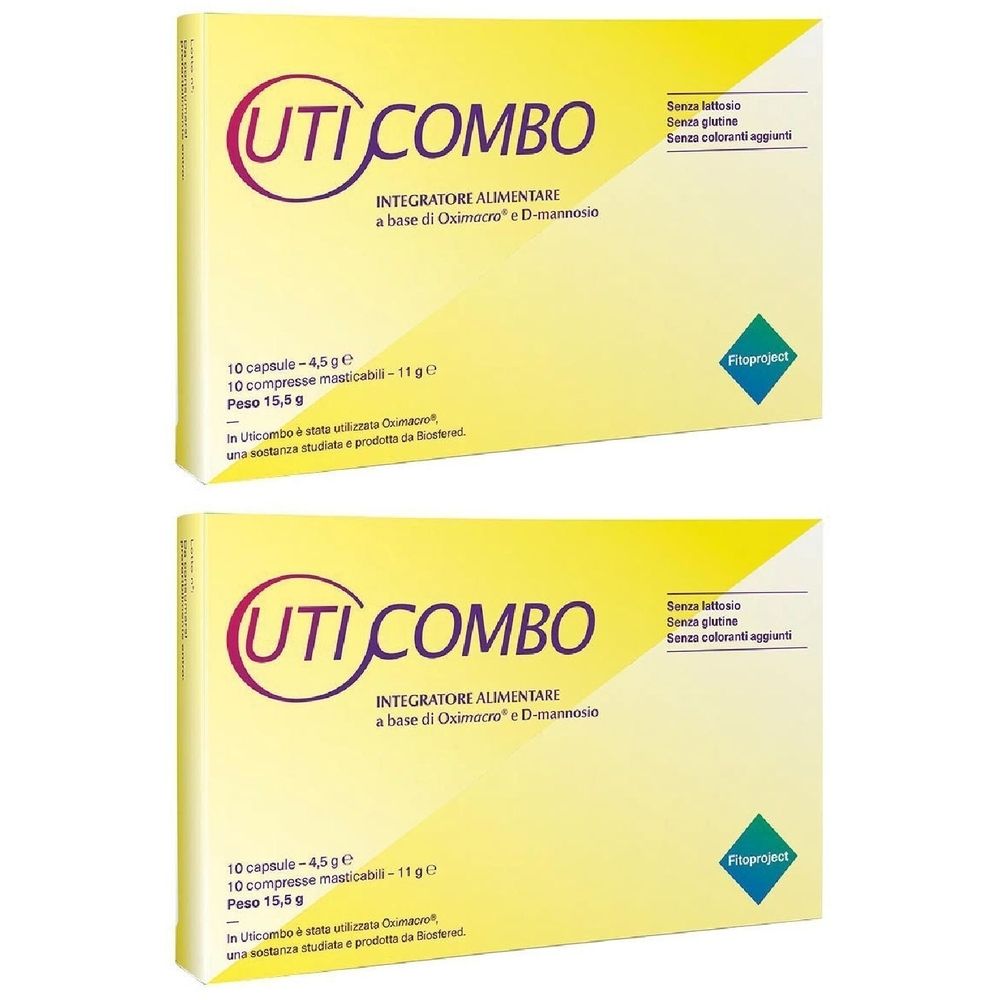 Zwei gelbe Schachteln mit der Aufschrift "UTI COMBO". Enthält 10 Kapseln und 10 Kautabletten. Aufschrift: "Integratore alimentare".
