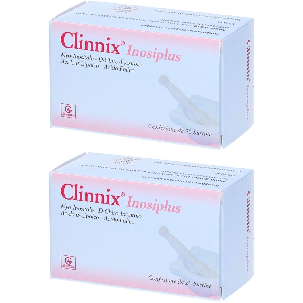 Deux boîtes de Clinnix Inosiplus. Inscription : Myo Inositolo, D-Chiro Inositolo, Acido a Lipoico, Acido Folico. Boîte de 20 sachets.