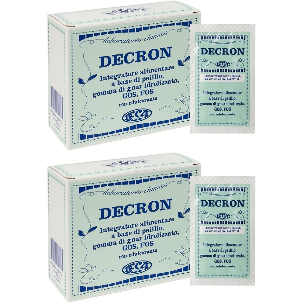 Zwei Kartons und zwei Beutel mit der Aufschrift "DECRON". Text in italienischer Sprache.