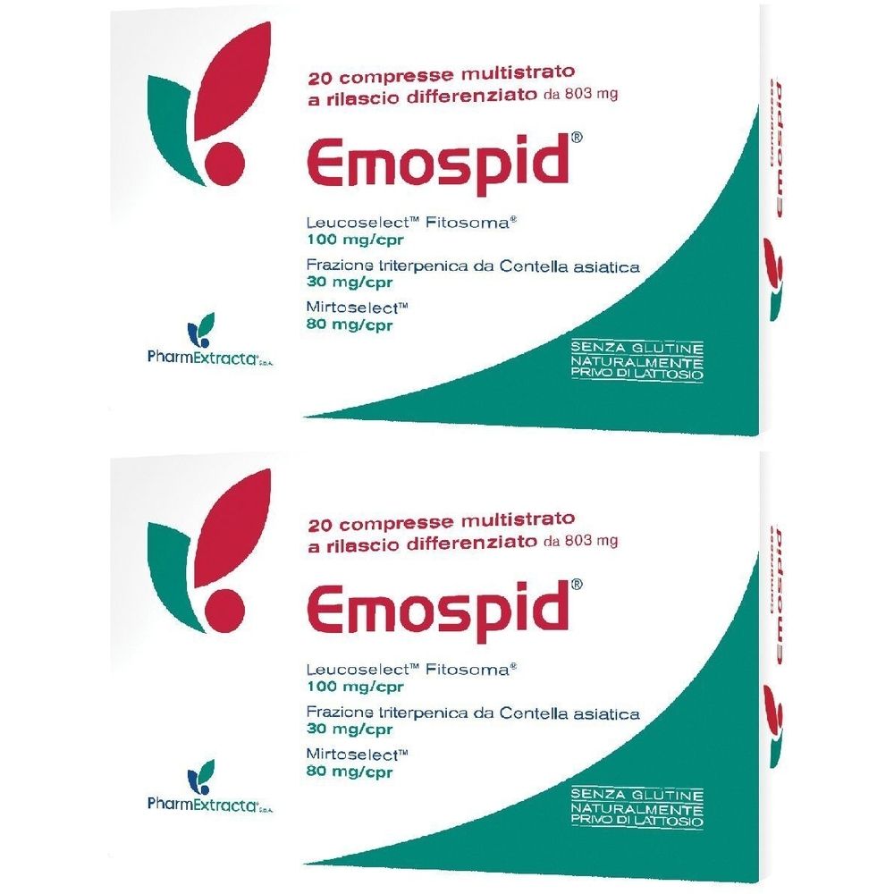 Zwei Packungen mit der Aufschrift Emospid. Jede Packung enthält 20 Tabletten. Aufschrift: Ohne Gluten, natürlich laktosefrei.