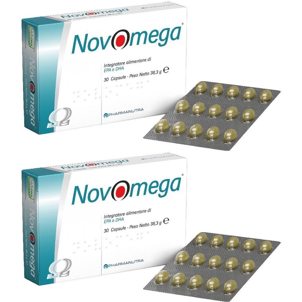 Deux boîtes et deux plaquettes de gélules. Sur les boîtes, on lit Novomega. Les plaquettes montrent des gélules.
