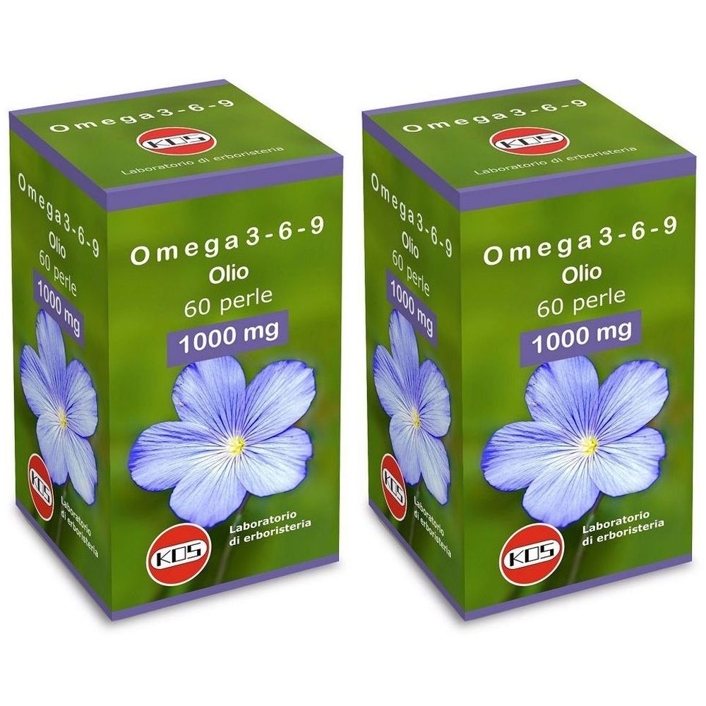 Deux boîtes vertes avec Omega 3-6-9. Inscription : Olio, 60 perle, 1000 mg. Logo KOS. Motif floral bleu.