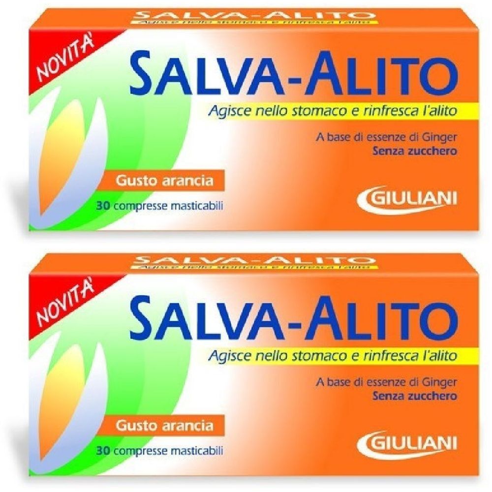 Deux boîtes orange avec SALVA-ALITO. Texte : Agisce nello stomaco e rinfresca l'alito. Marque : Giuliani. Goût : Arancia. 30 comprimés.