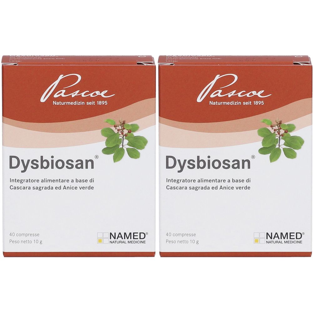 Deux boîtes de Dysbiosan. Inscription: Pascoe Naturmedizin seit 1895. 40 comprimés, poids net 10 g. Marque: NAMED Natural Medicine.