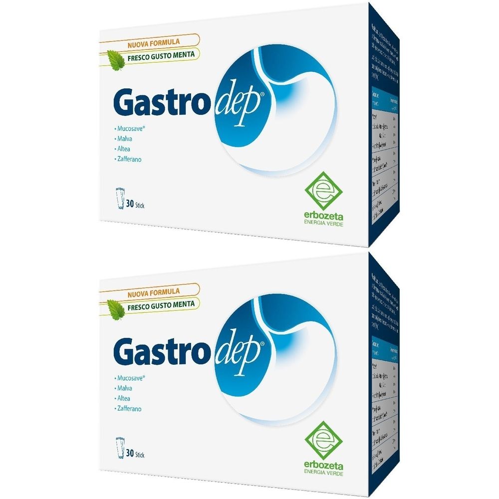 Zwei weiße Kartons mit Produktnamen Gastrodep. Aufschrift: 30 Stück. Logo von Erbozeta. Text: Fresco Gusto Menta.