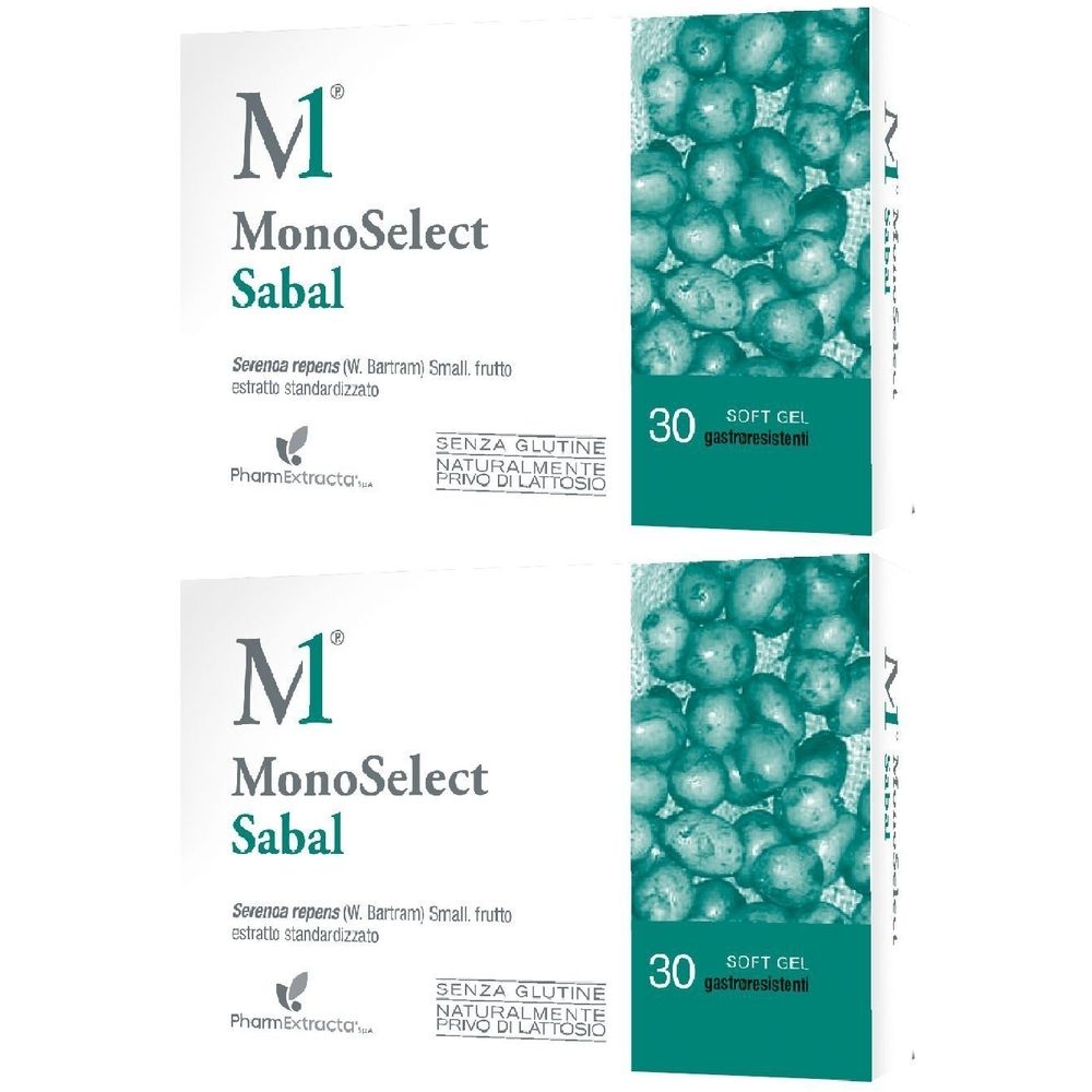 Deux boîtes de gélules Monoselect Sabal. Chaque boîte contient 30 gélules. Inscription : Sans gluten, naturellement sans lactose.